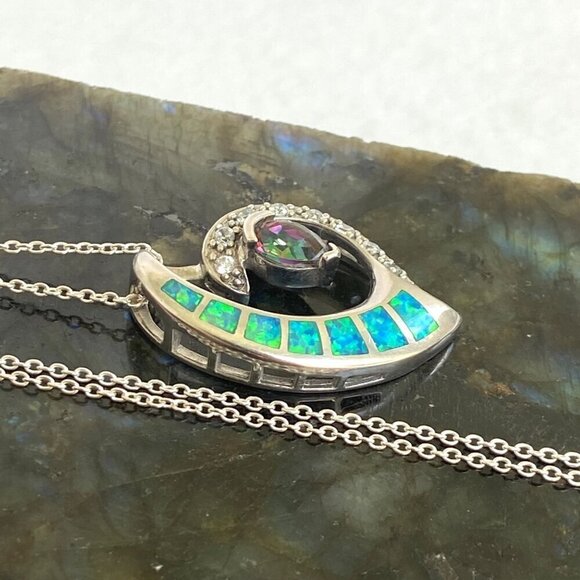 Sterling Silver 925 5☆ Mystic Quartz & Blue Gilson Opal Pendant Necklace 18" - Picture 5 of 16